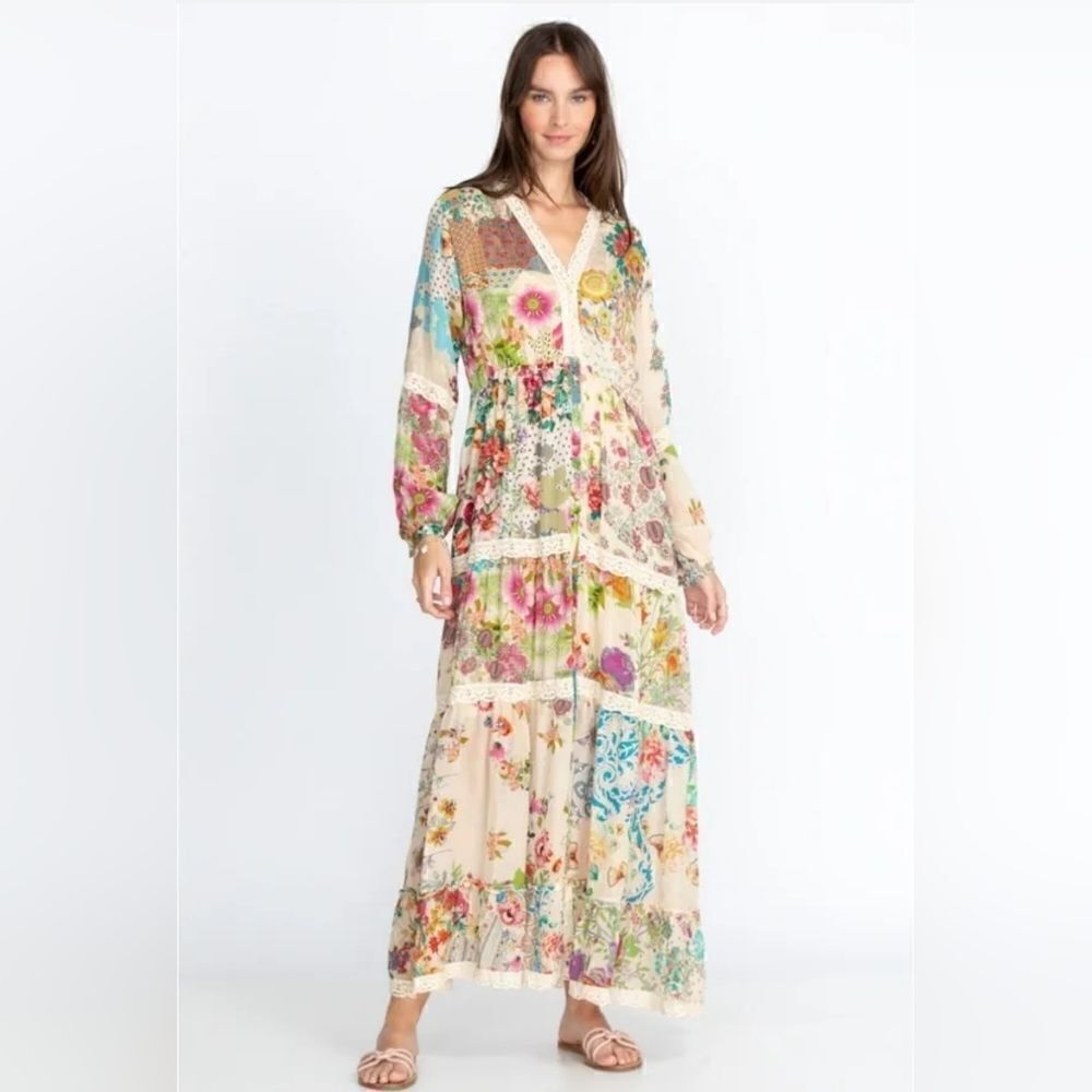 Johnny Was "Milana" Tiered Floral-print Maxi Dress/Duster with Lace Trim | L - Picture 4 of 15